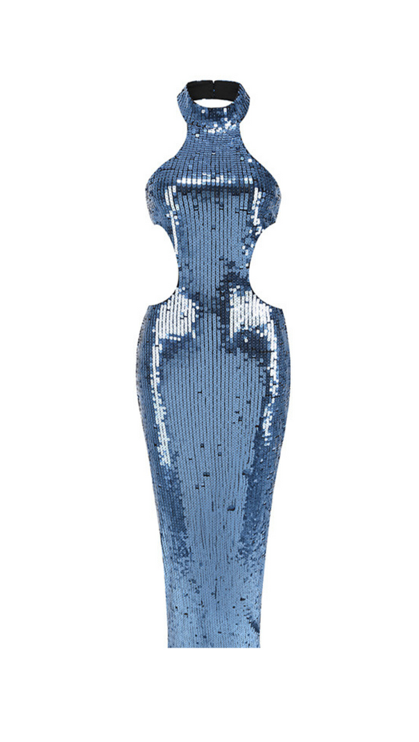 AIIZIE SHARON SEQUIN HALTER MAXI DRESS IN CERULEAN BLUE - product image