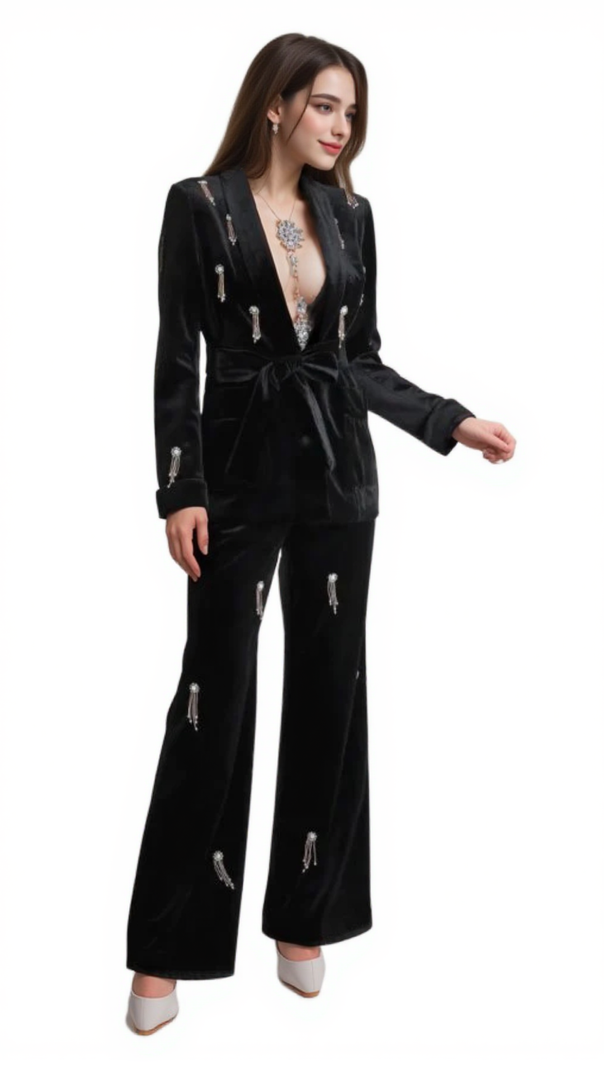 AIIZIE APPHIA VELVET DIAMOND EMBELLISHED BLAZER 2 PIECE IN BLACK - product image