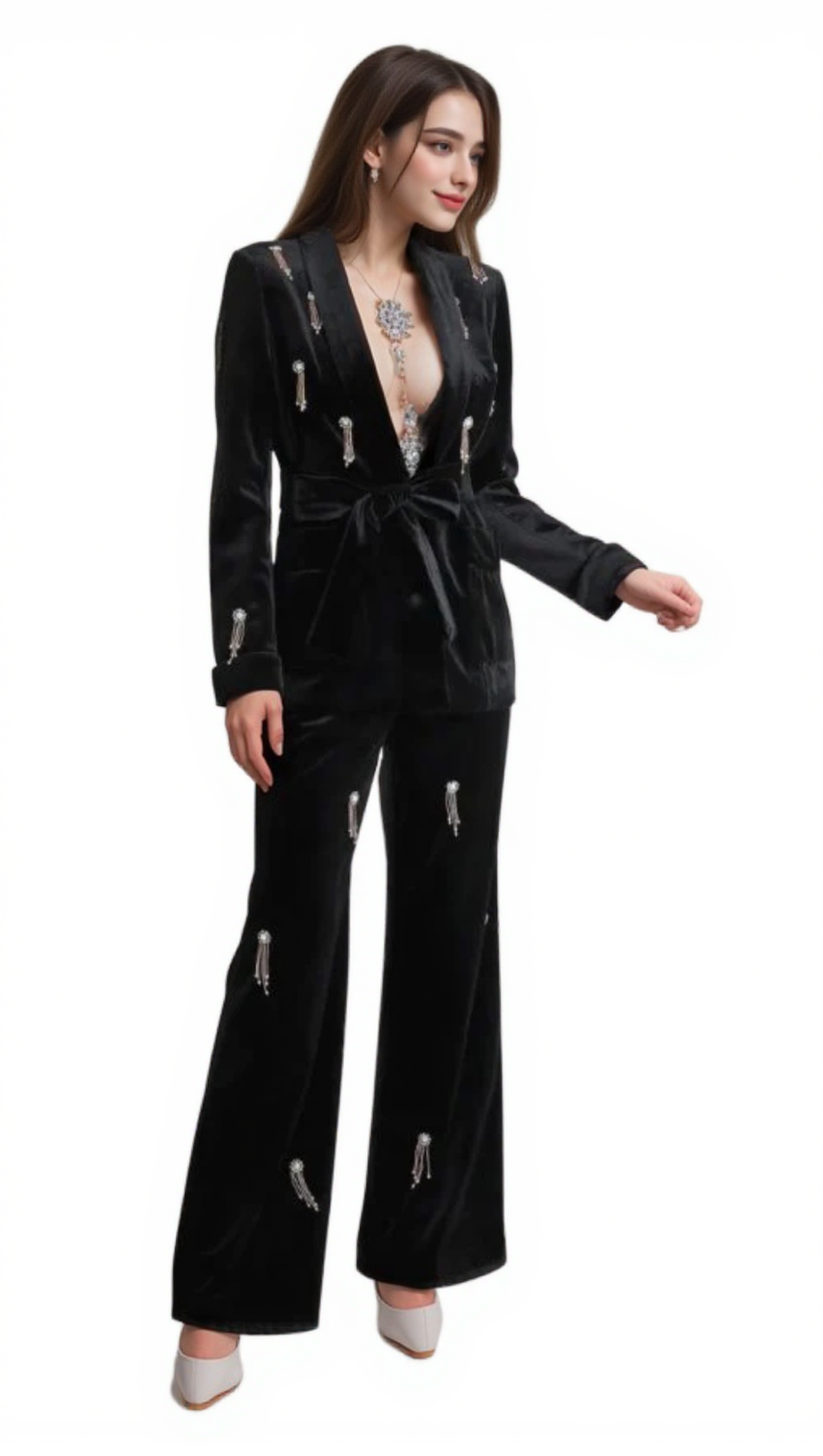 APPHIA VELVET DIAMOND EMBELLISHED BLAZER 2 PIECE IN BLACK