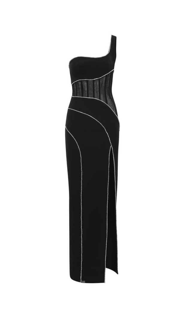 TRACY SCHWARZES MAXIKLEID MIT KRISTALLSTREIFEN UND EINER SCHULTER