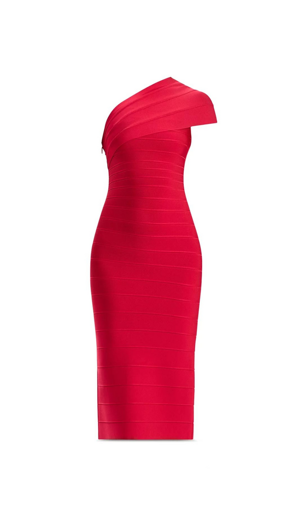 AIIZIE ABIGAIL ONE-SHOULDER BANDAGE MIDI DRESS IN RIO RED - product image
