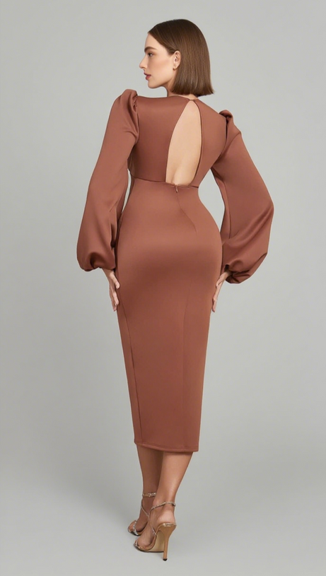V - NECK PUFF - SLEEVE BUTTON - FRONT SLIT MIDI DRESS IN BROWN