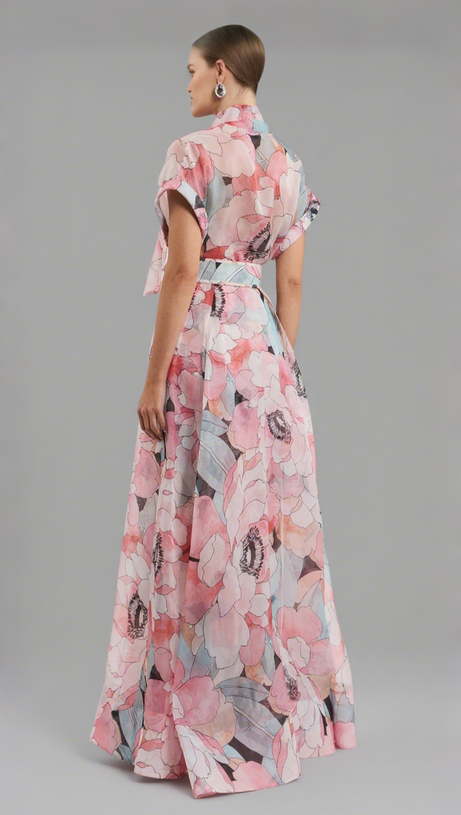FLORAL PRINT SILK ORGANZA MAXI DRESS IN PINK-MULTI