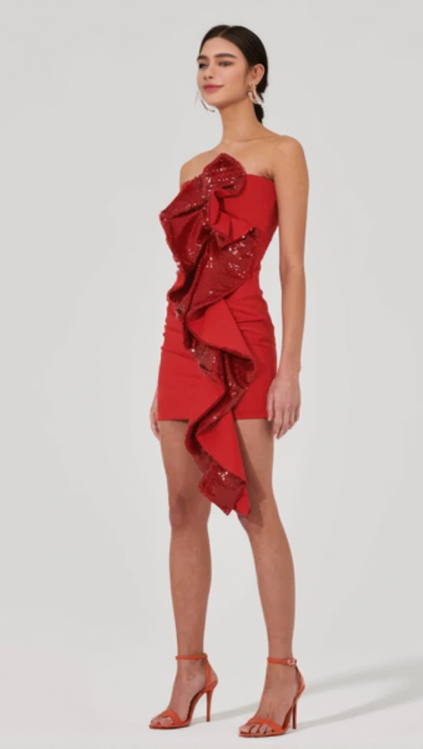 AIIZIE AMELIA SEQUIN RUFFLE RED MINI DRESS - product image
