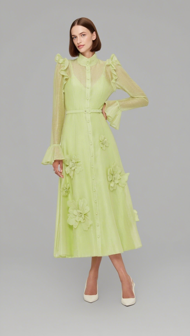AIIZIE 3D FLOWER BUTTERFLY SLEEVE MIDI DRESS - CHARTREUSE - product image