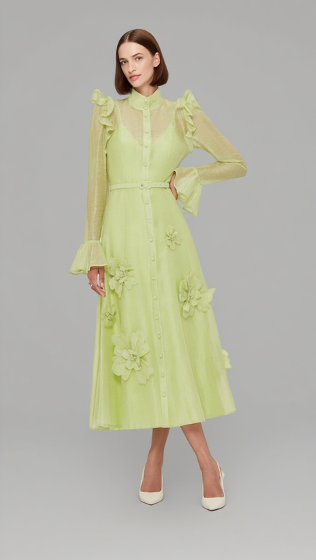 3D FLOWER BUTTERFLY SLEEVE MIDI DRESS - CHARTREUSE