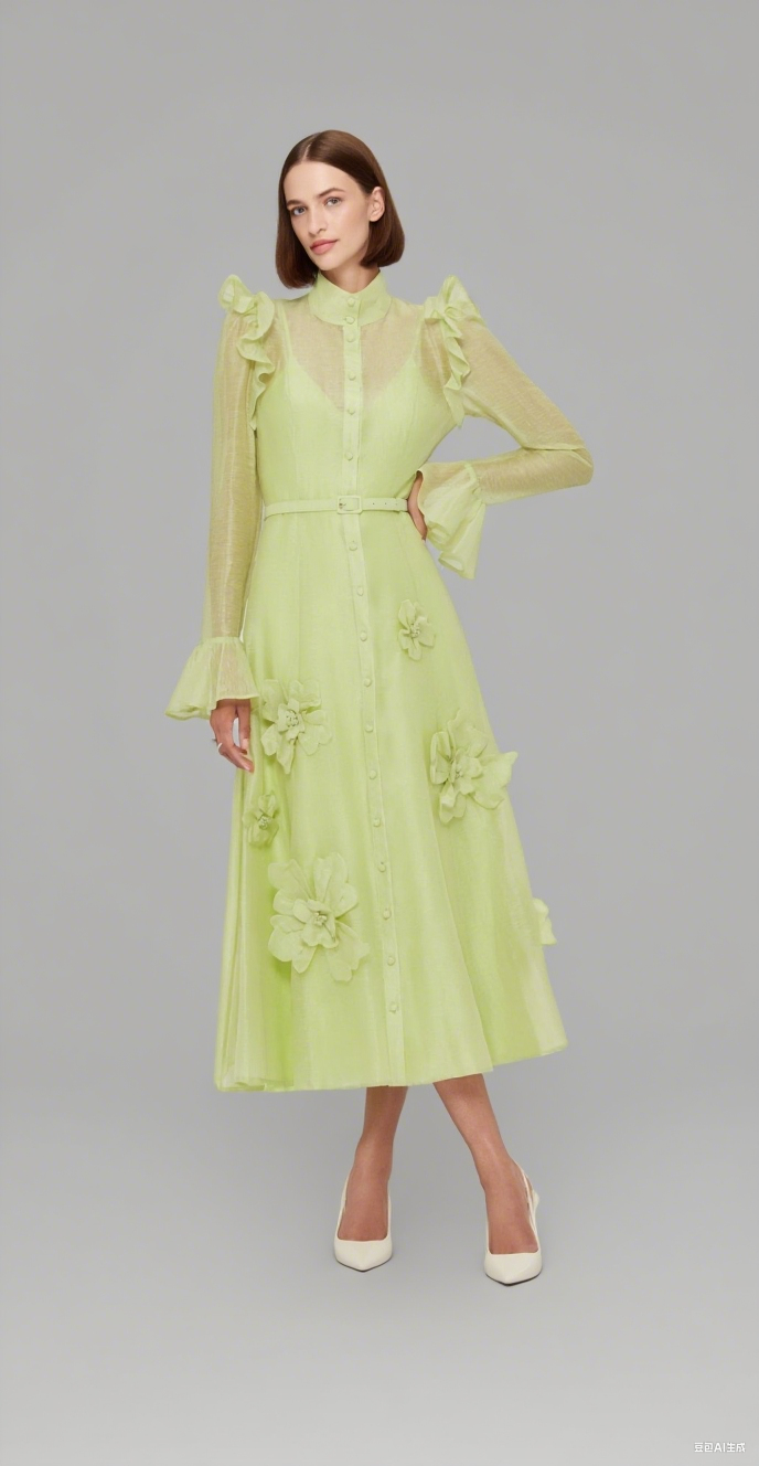 3d flower Butterfly Sleeve Midi Dress - Chartreuse