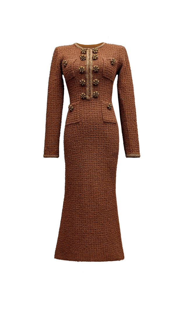 AIIZIE BRAIDED-EDGE TWEED MIDI DRESS IN BROWN - product image