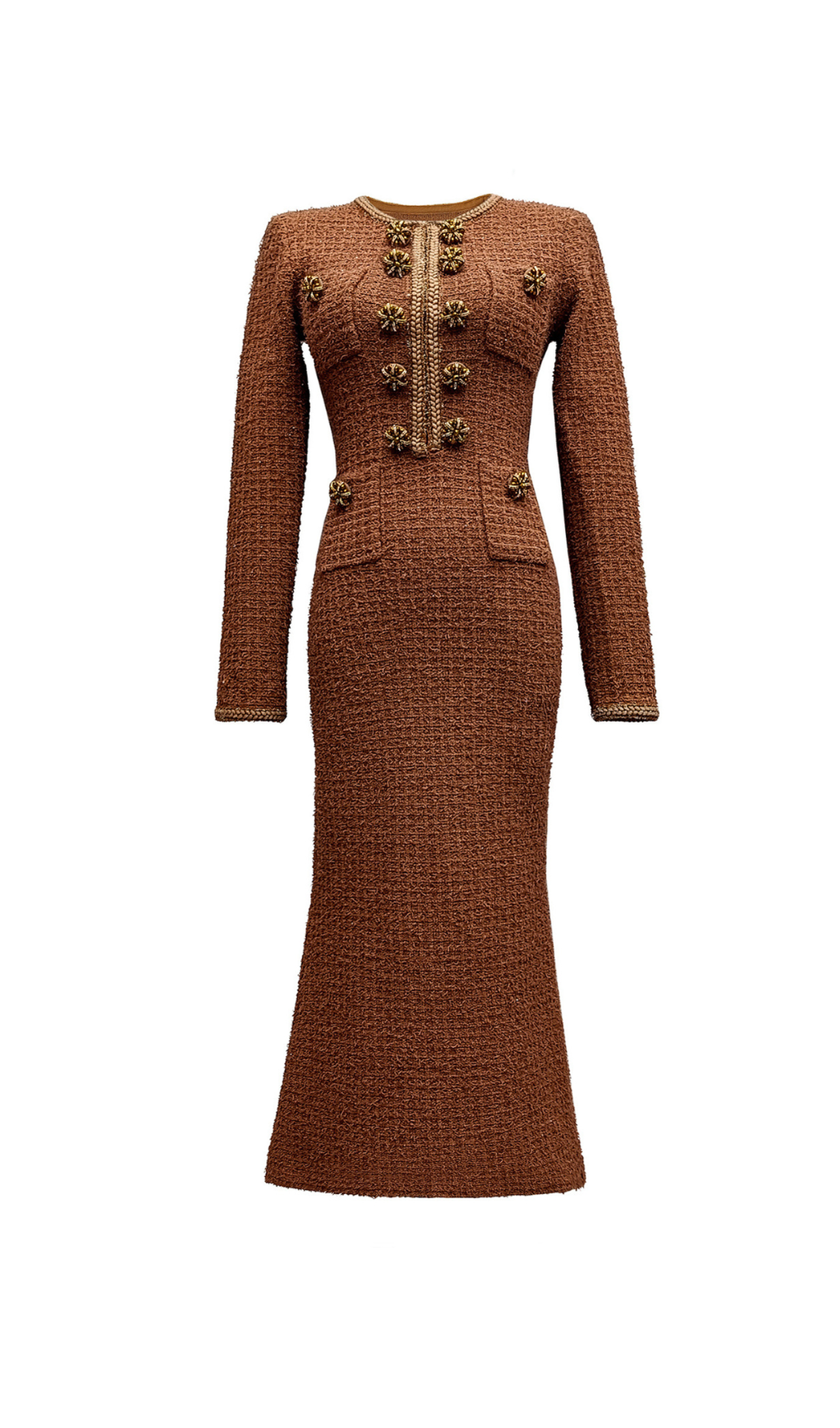 BRAIDED-EDGE TWEED MIDI DRESS IN BROWN
