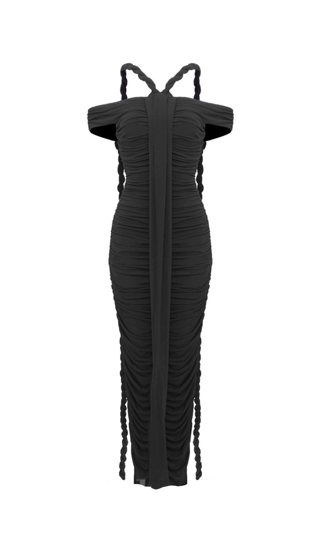 AIIZIE CARA BLACK OFF-SHOULDER RUCHED BODYCON MAXI DRESS WITH ROPE EMBELLISHED - product image