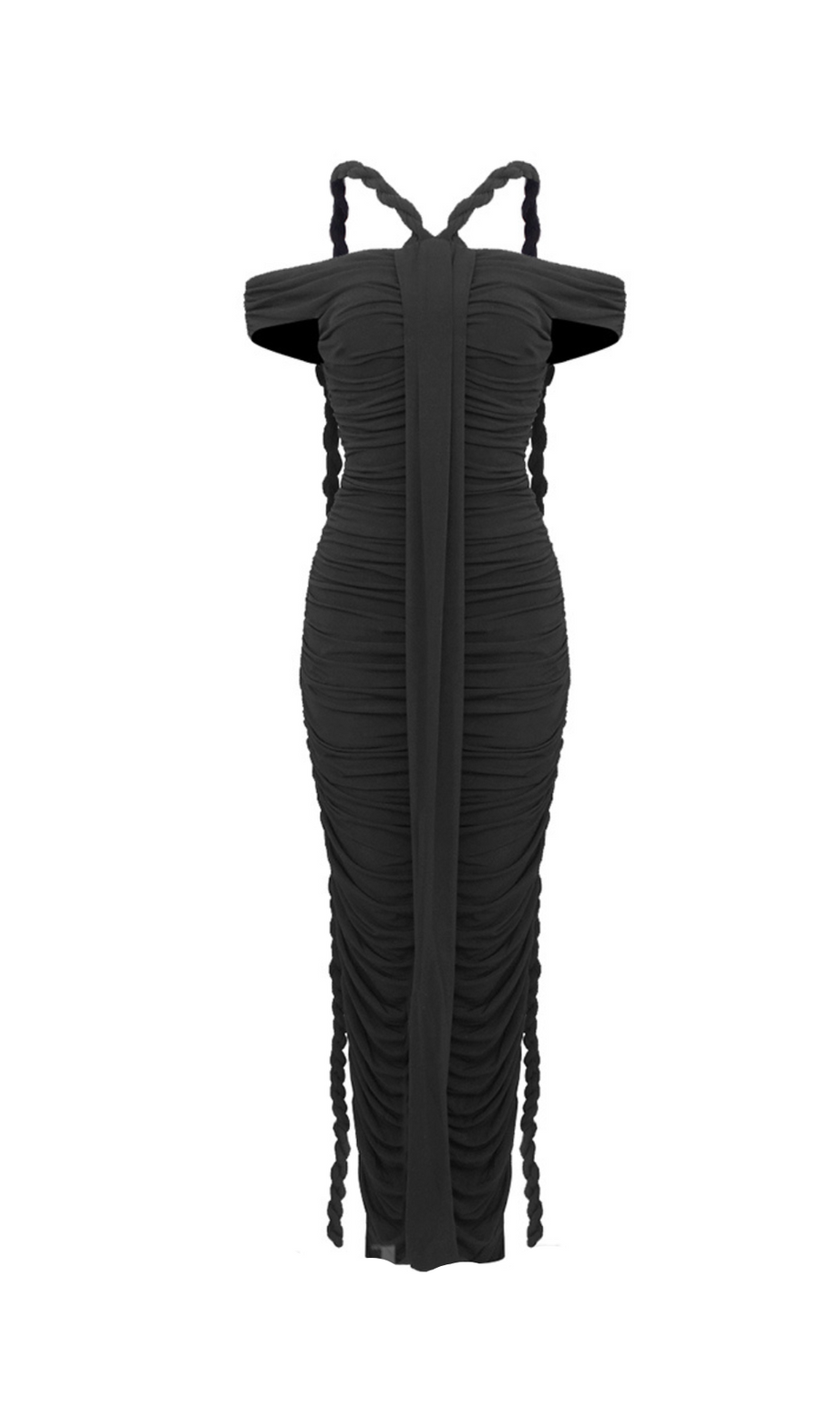 abito lungo aderente con spalle scoperte e arricciature di Cara Black con decorazioni in corda