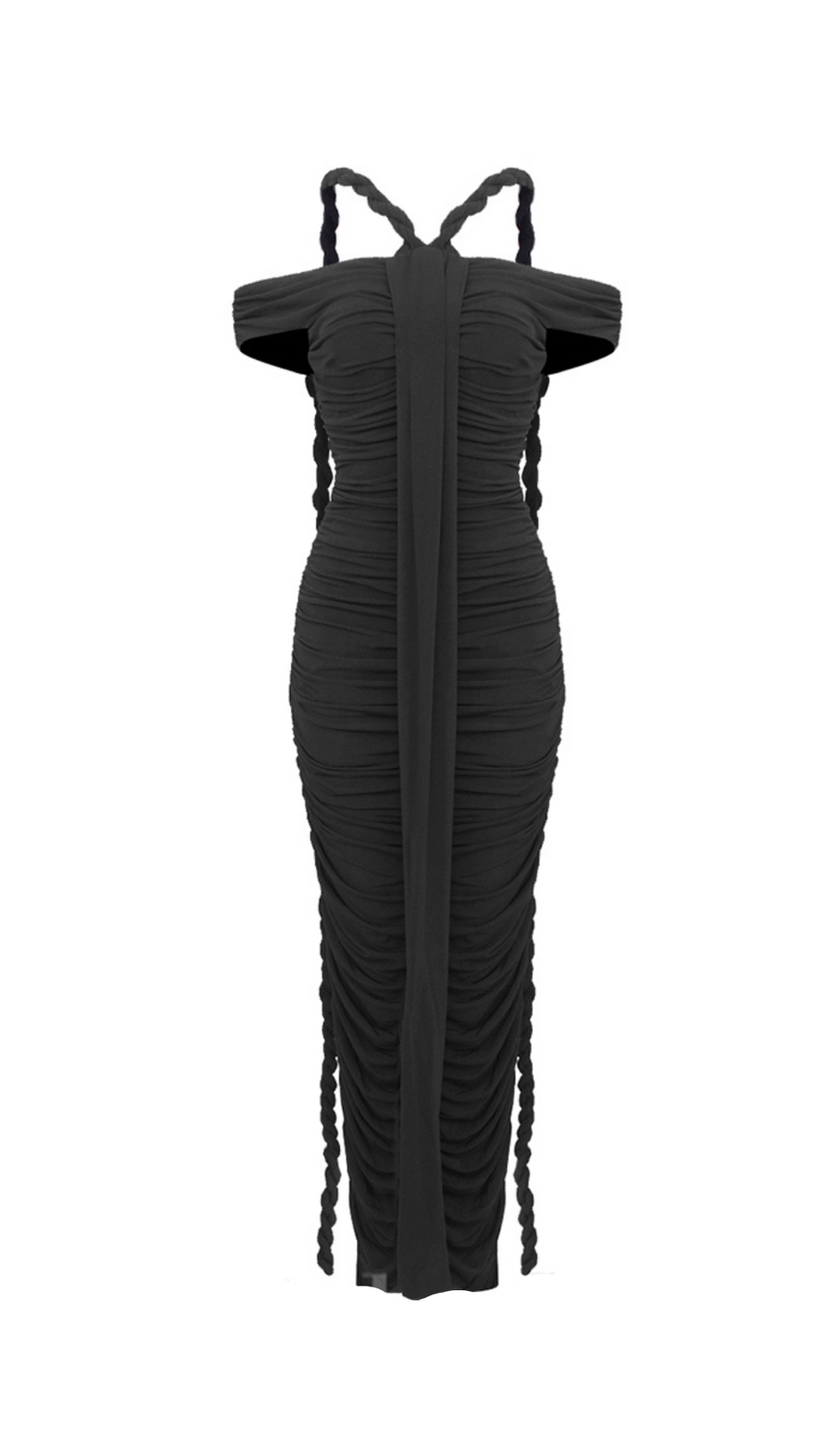 CARA BLACK OFF-SHOULDER RUCHED BODYCON MAXI DRESS WITH ROPE EMBELLISHED