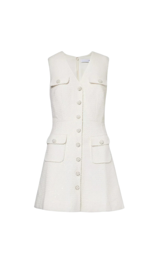 AIIZIE BOUCLÉ PEARL-BUTTONS KNITTED MINI DRESS IN WHITE - product image
