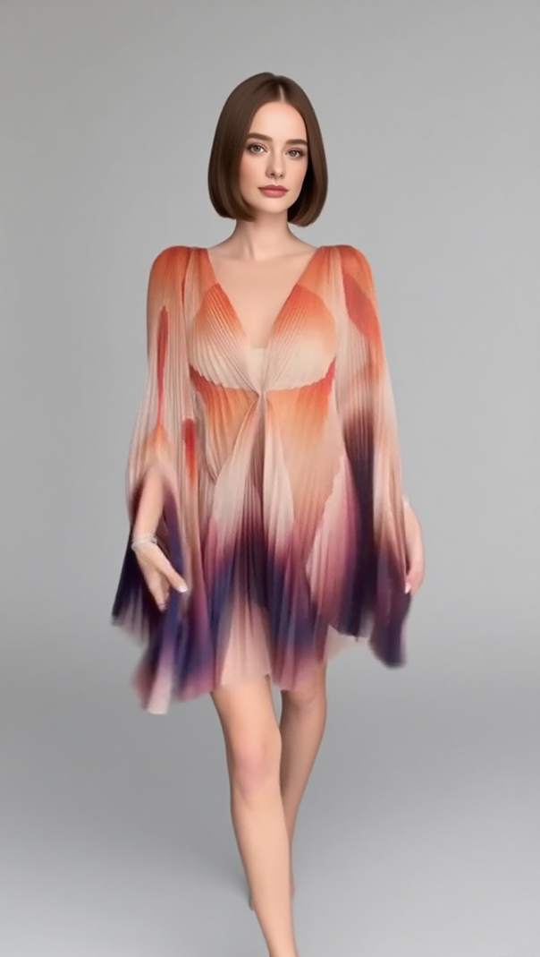 AIIZIE GRADIENT PLUNGE NECK TIE FRONT FLOW DRESS IN ORANGE PURPLE - product image