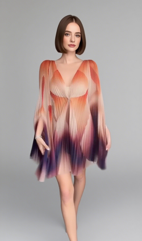 Gradient Plunge Neck Tie Front Flow Dress in Orange Purple