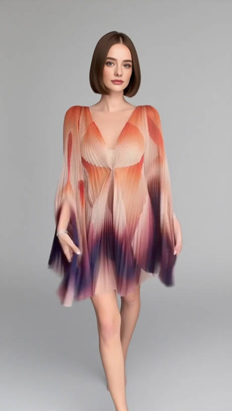 Fließendes Kleid mit tiefem Ausschnitt und Farbverlauf und Bindeband vorne in Orange-Lila