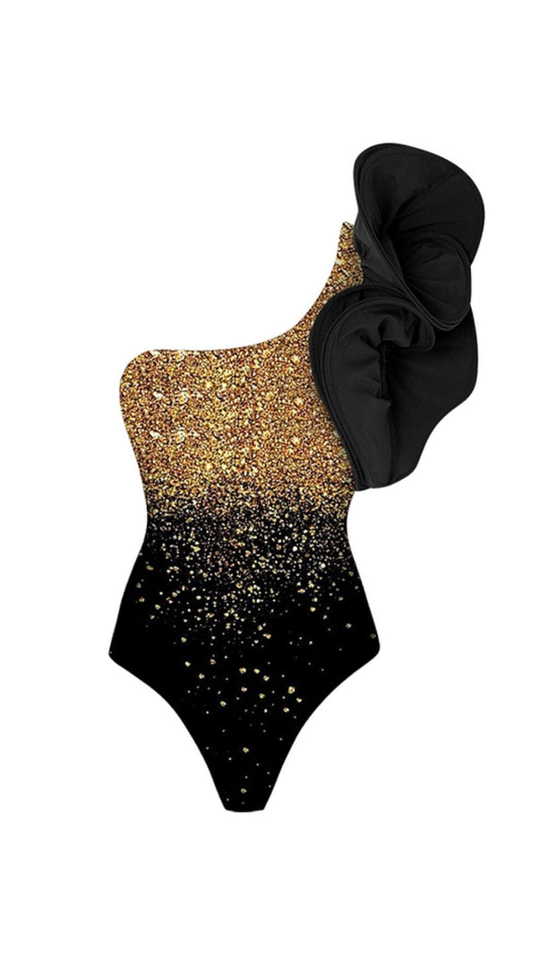 Ruffle Shiny Printed One Shoulder One Piece Swimsuit and Skirt