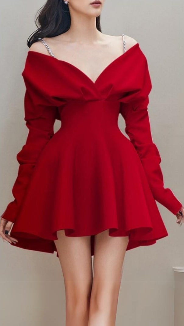 AIIZIE V-NECK LONG-SLEEVED A-LINE SUSPENDER DRESS - product image