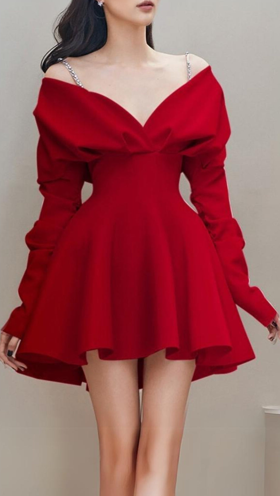V-NECK LONG-SLEEVED A-LINE SUSPENDER DRESS