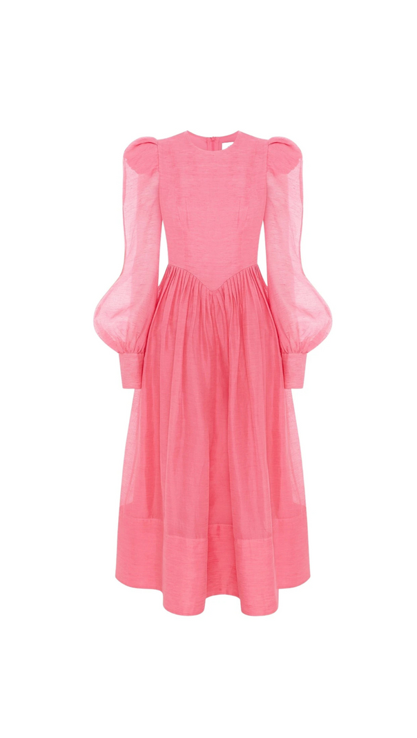 AIIZIE DELIA PINK LANTERN SLEEVE ROUND NECK MIDI DRESS - product image