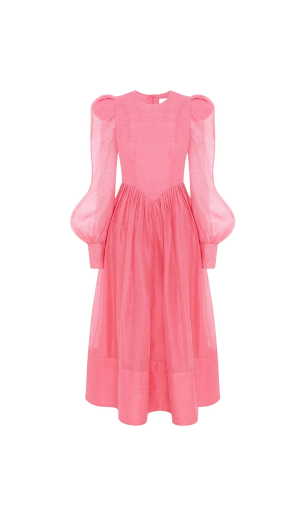 DELIA PINK LANTERN SLEEVE ROUND NECK MIDI DRESS