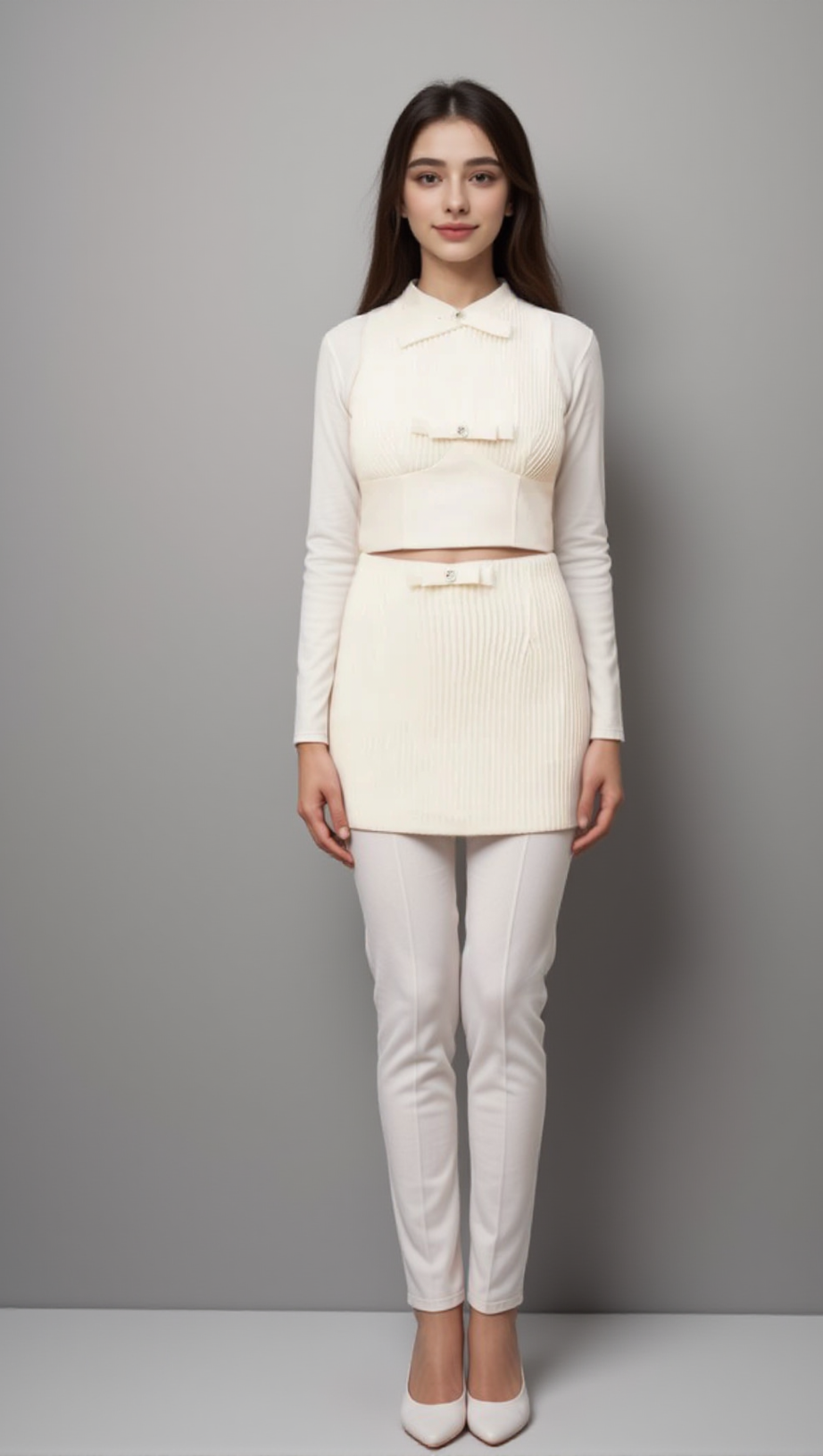 FLAMINIA WHITE BOW-EMBELLISHED TOP & SKIRT MATCHING SET