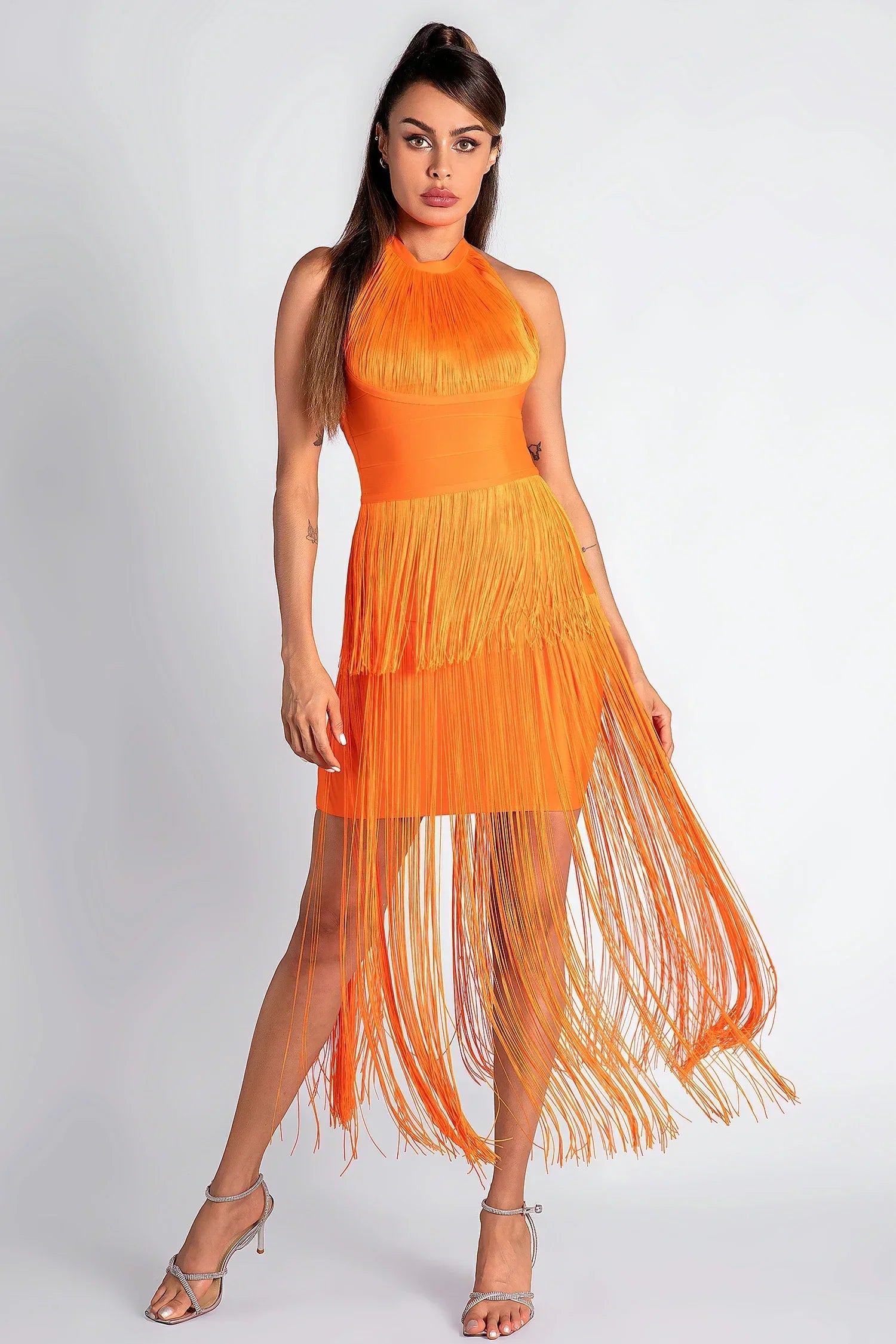 MONOTI HALTER FRINGE BANDAGE DRESS