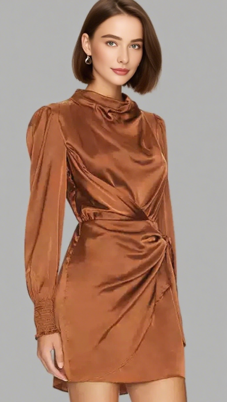 STAND COLLAR WITH IRREGULAR PLEATS MINI DRESS IN BROWN