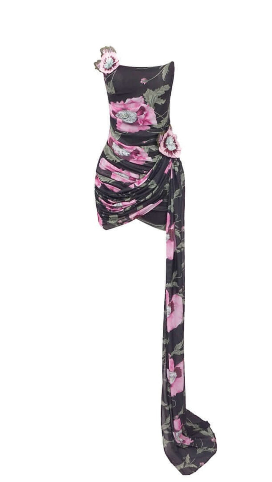 TRÄGERLOSES, DRAPIERTES MINIKLEID MIT BLUMENDRUCK