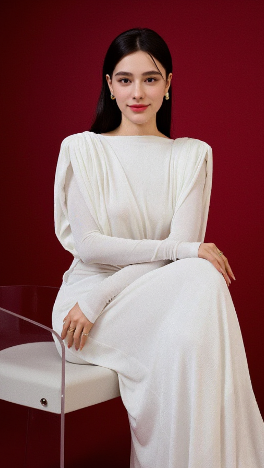 WHITE STRAIGHT BOAT NECK KNITTED FABRIC MAXI DRESS