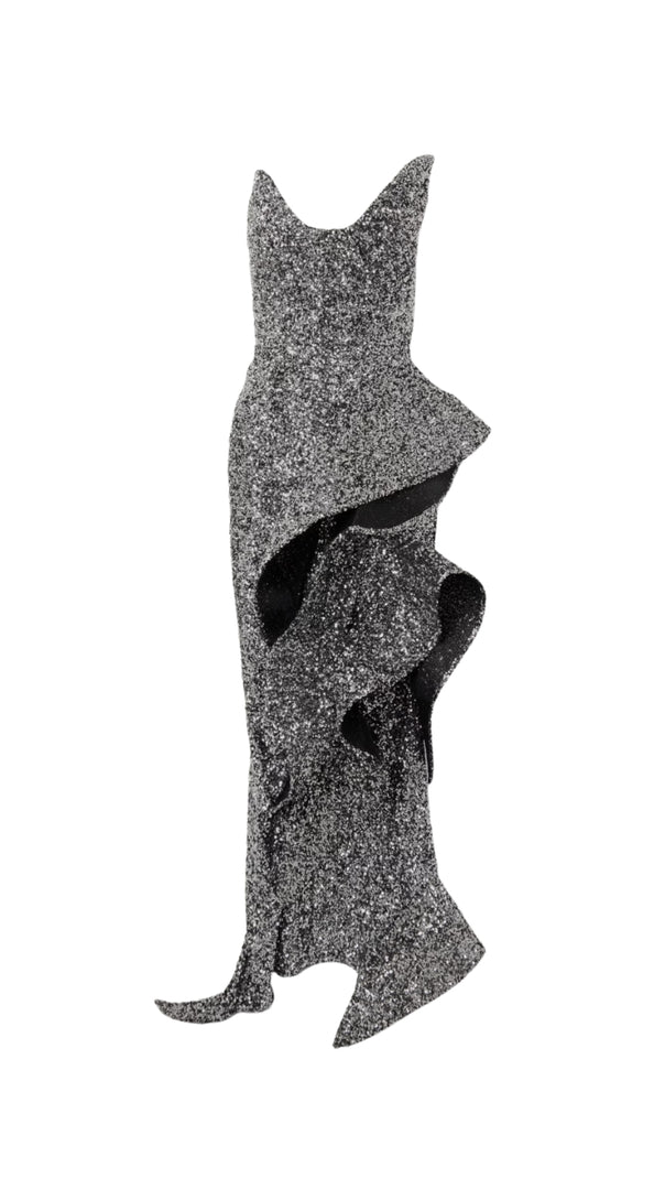 AIIZIE ASYMMETRIC RUFFLED SEQUINED CREPE GOWN IN SILVER - product image