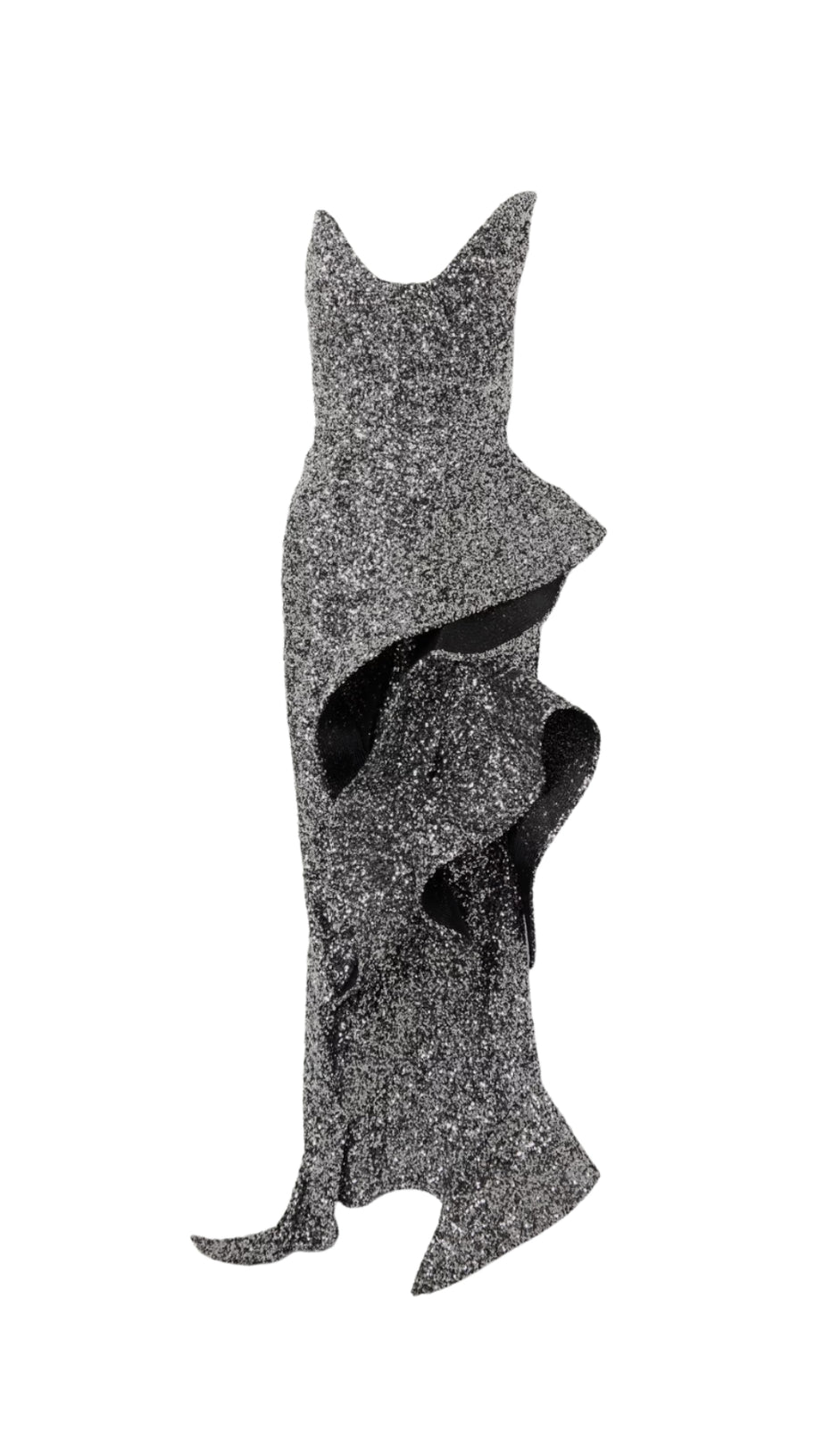 asymmetrisches, gerüschtes, paillettenbesetztes Kreppkleid in Silber