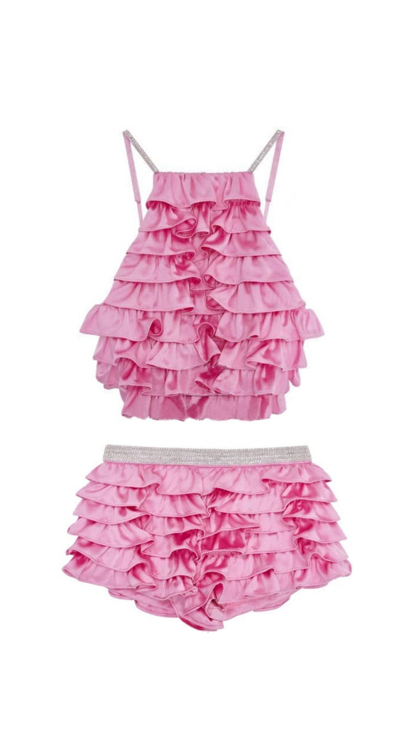 AIIZIE RUFFLE EMBELLISHED SHORTS TOP SET IN PINK - product image