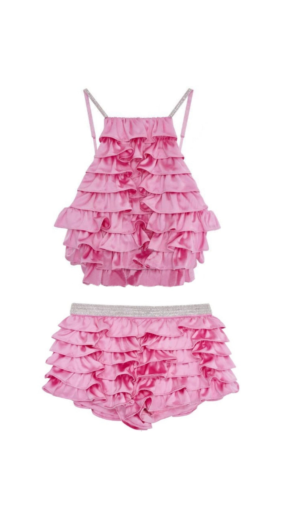 RUFFLE EMBELLISHED SHORTS TOP SET IN PINK