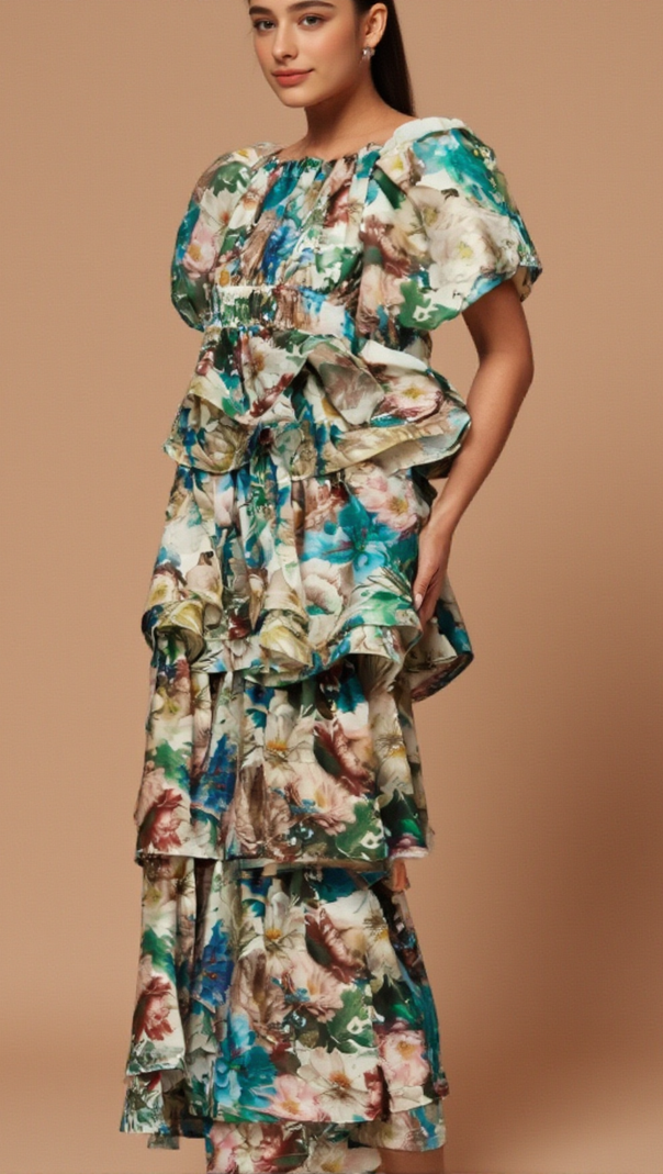 Marianne gestuftes Midikleid mit Blumendruck 
