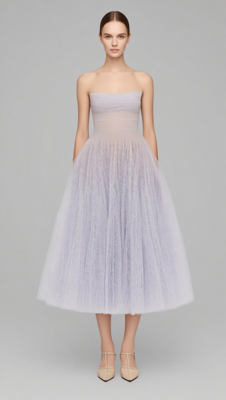 VIOLET DRAPED LACE MIDI DRESS