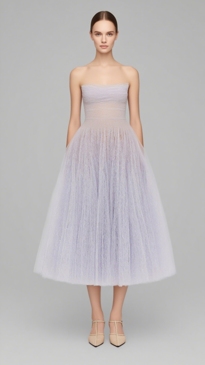 VIOLET DRAPED LACE MIDI DRESS