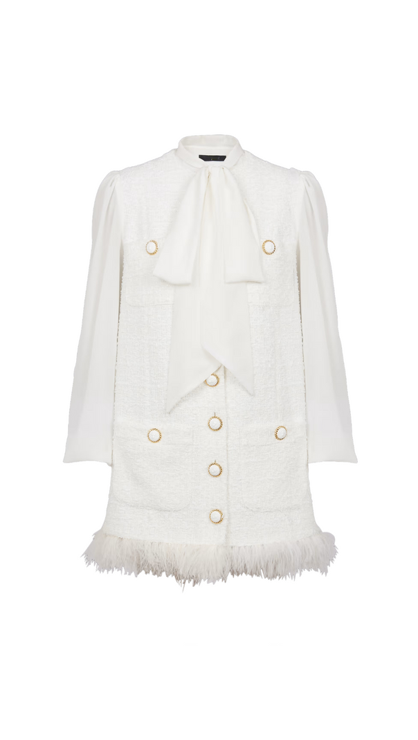 AIIZIE TWEED MINI DRESS WITH PUSSY-BOW COLLAR IN WHITE - product image
