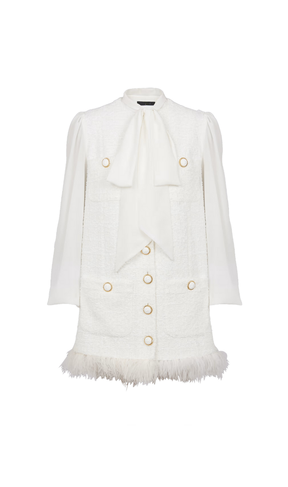 Tweed mini dress with pussy-bow collar in white