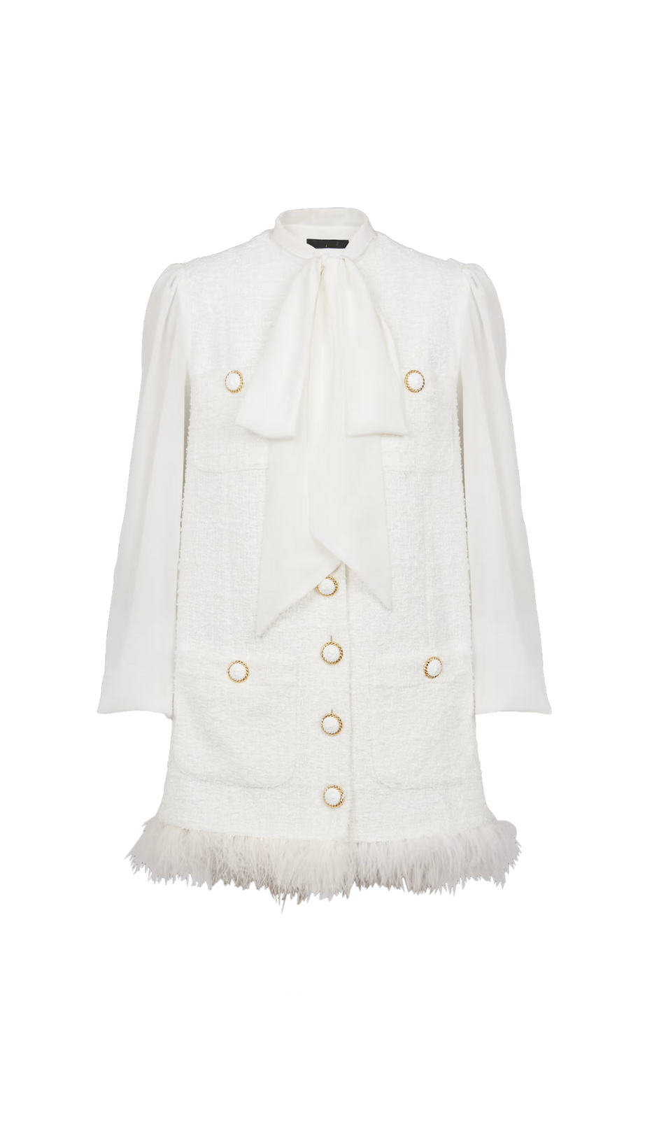 TWEED MINI DRESS WITH PUSSY-BOW COLLAR IN WHITE