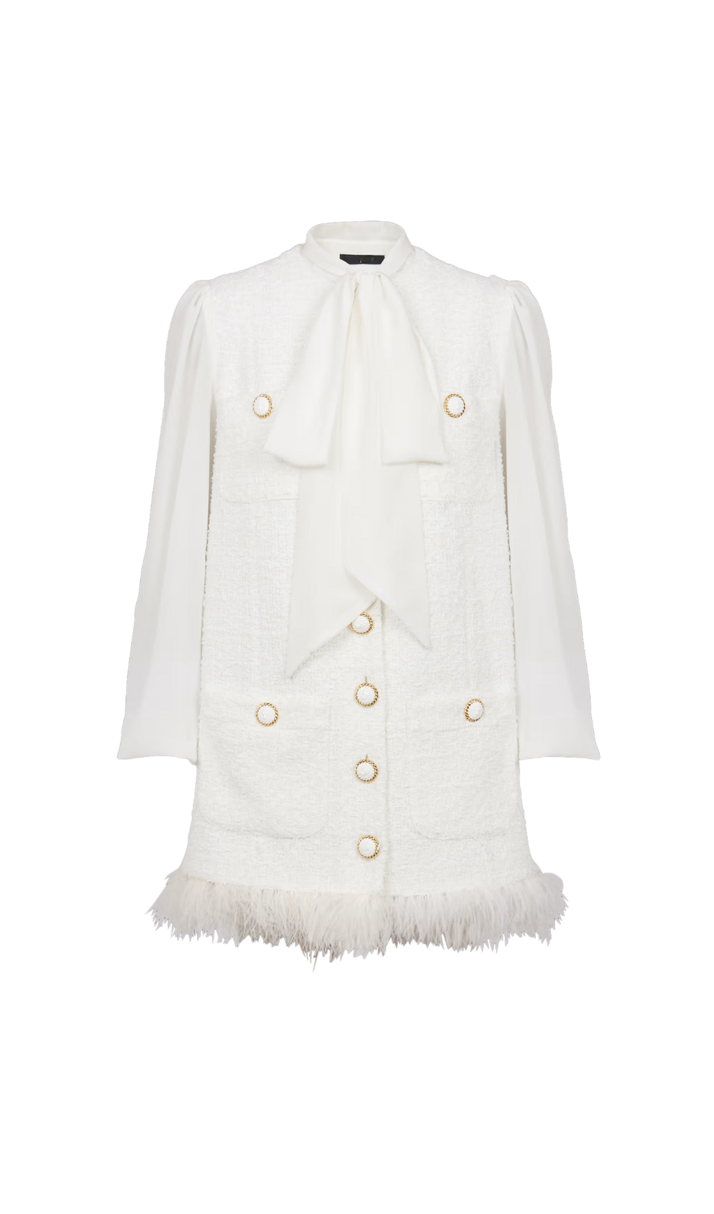 TWEED MINI DRESS WITH PUSSY-BOW COLLAR IN WHITE