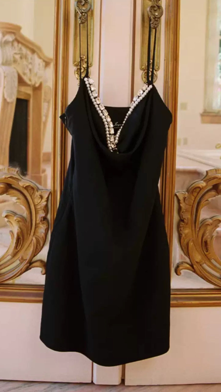 CRYSTAL CAMISOLE MINI DRESS IN BLACK