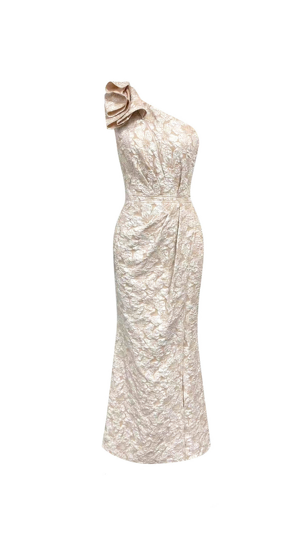 AIIZIE CELESTE ONE-SHOULDER BOW JACQUARD HIGH SLIT MAXI DRESS - product image