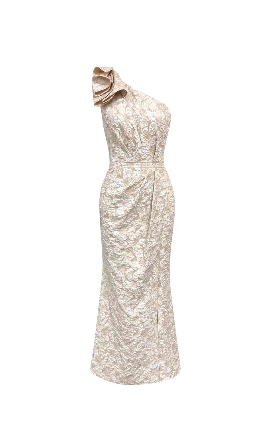 ABITO LUNGO MONOSPALLA IN JACQUARD CON FIOCCO E SPACCO ALTO CELESTE