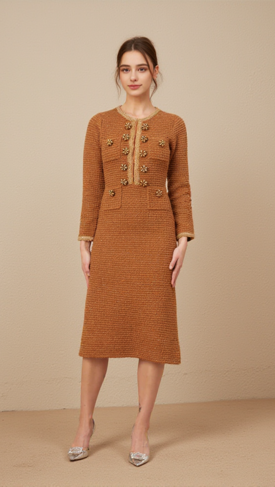 BRAIDED-EDGE TWEED MIDI DRESS IN BROWN