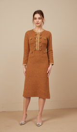 braided-edge tweed midi dress in brown