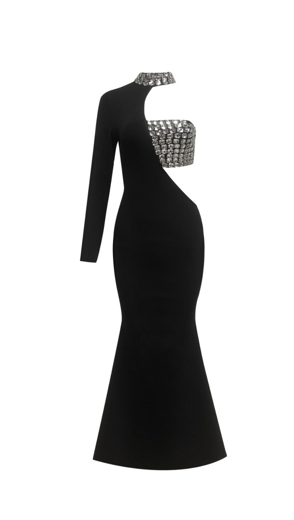 AIIZIE CRYSTAL EMBELLISHED ONE-SLEEVE CUT-OUT MAXI DRESS IN BLACK - product image
