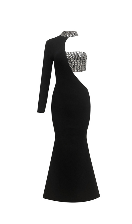 Einärmliges Maxikleid mit Cut-Outs und Kristallverzierung in Schwarz