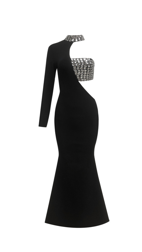 Abito lungo monospalla con cut-out decorato con cristalli in nero