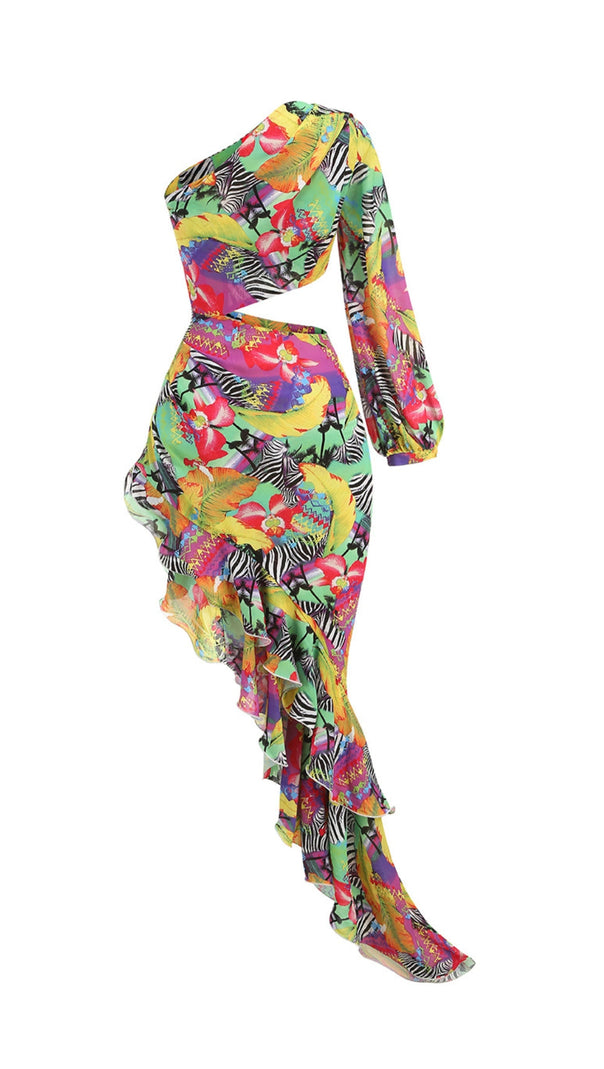 AIIZIE ONE SHOULDER RUFFLR TRIM PRINTED MAXI DRESS - product image